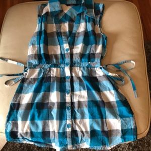Blue and white sleeveless long top with side ties